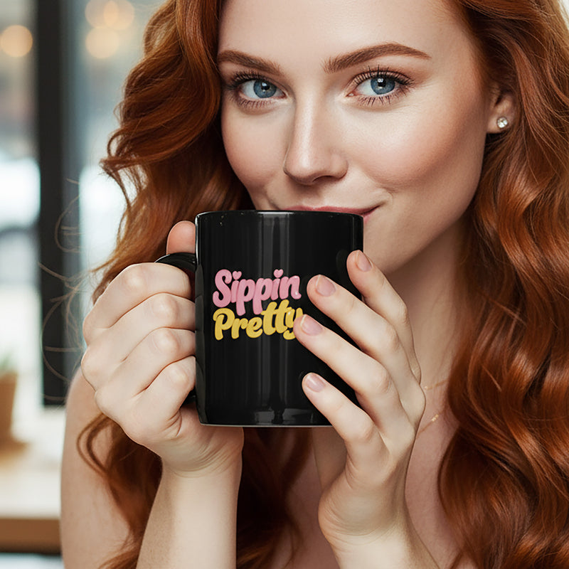 Sippin’ Pretty Mug – Cute Black Glossy Coffee Mug