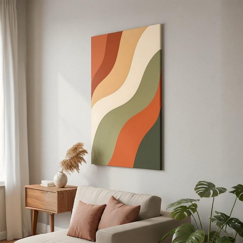 Retro Abstract Waves Canvas Wall Art – Modern Boho Portrait