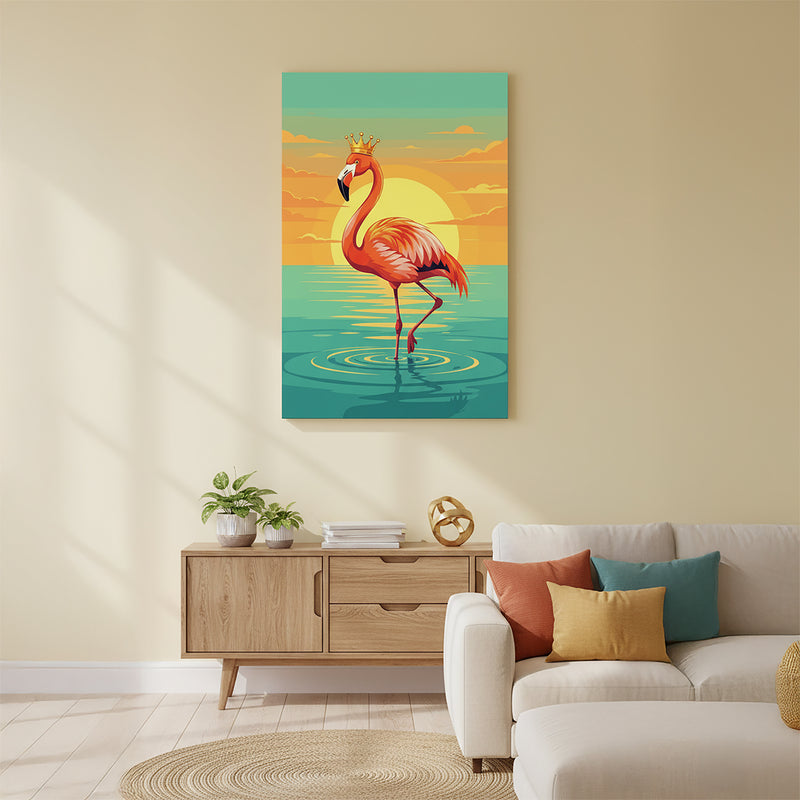 Crowned Flamingo Sunset Canvas Wall Art – Royal Tropical Statement Print