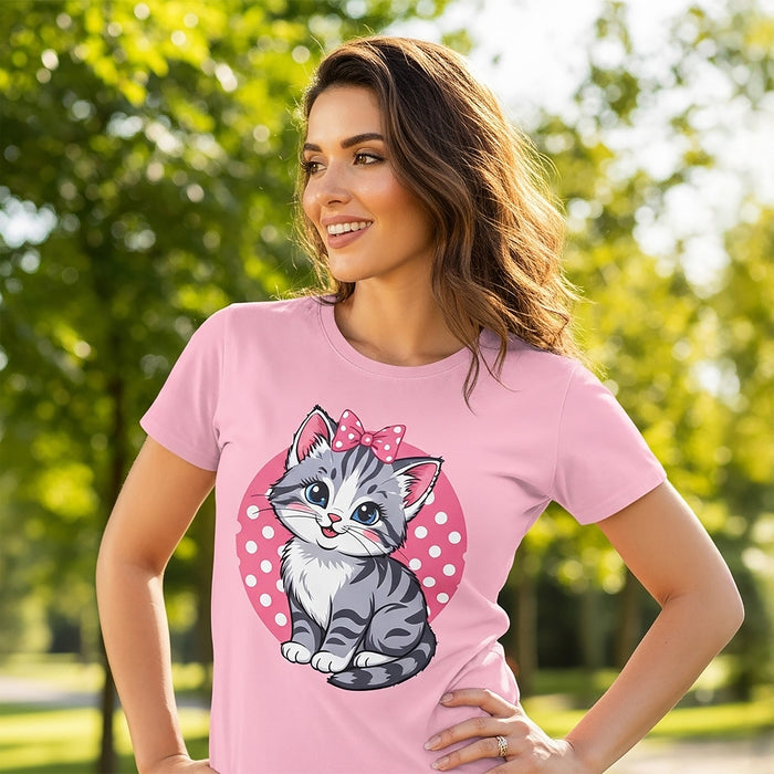 Cute Bow Kitten Women’s Relaxed T-Shirt – Polka Dot Cat Graphic Tee
