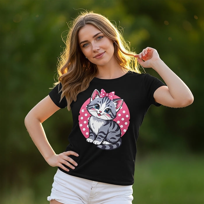 Cute Bow Kitten Women’s Relaxed T-Shirt – Polka Dot Cat Graphic Tee