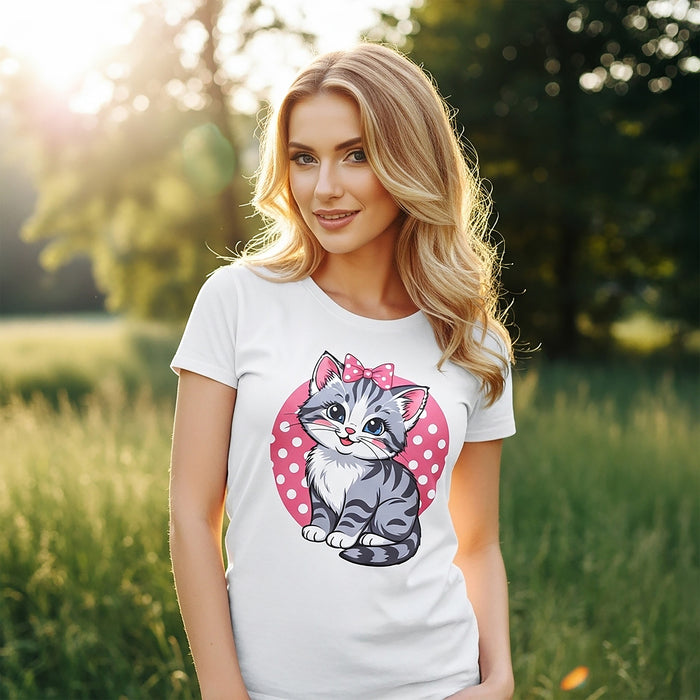 Cute Bow Kitten Women’s Relaxed T-Shirt – Polka Dot Cat Graphic Tee