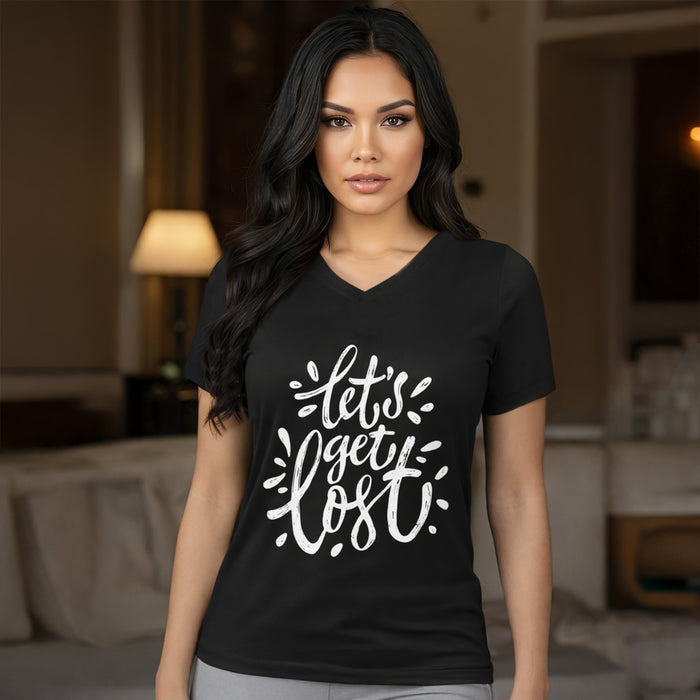 Let’s Get Lost Women’s Black V-Neck T-Shirt – Inspirational Graphic Tee