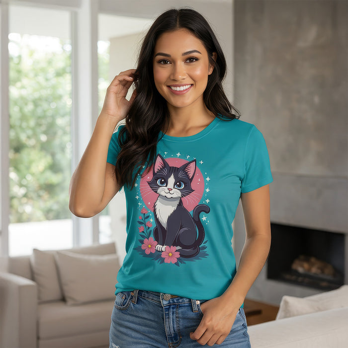 Midnight Whiskers Floral Cat Women’s T-Shirt