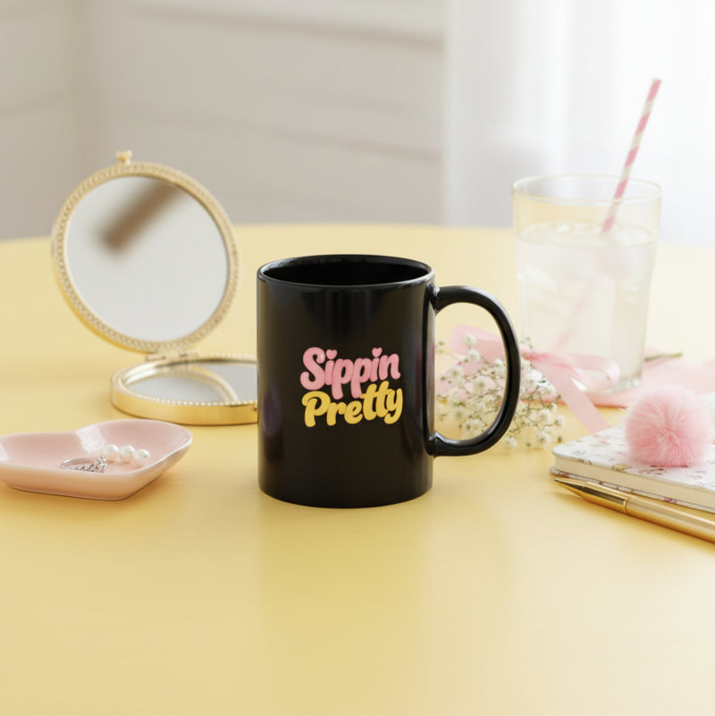 Sippin’ Pretty Mug – Cute Black Glossy Coffee Mug